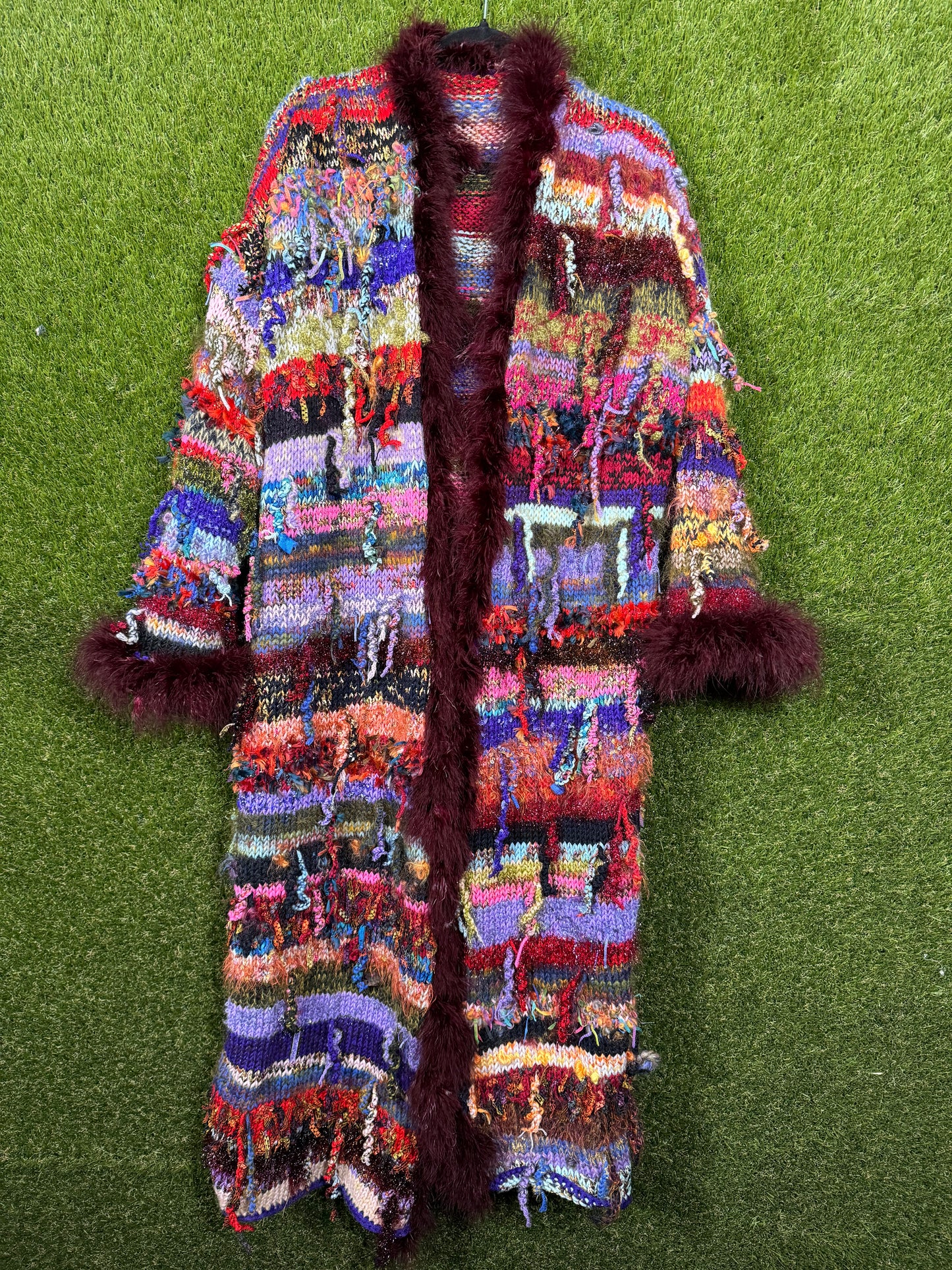 Hand Knit Colorful Cardigan With Feather Detailing